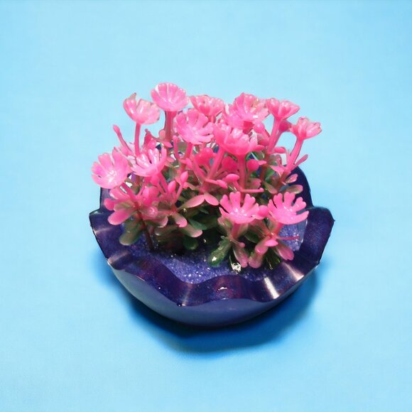 Aquarium Decoration  - Purple Wavy Pot with Pink Flower Plant. - Picture 4 of 4